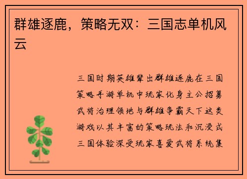群雄逐鹿，策略无双：三国志单机风云